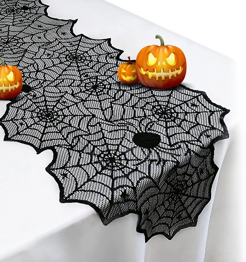 Citrus; Black Lace Spider Web Halloween Table Runner 18x72” – Spooky Polyester Halloween Table Decor for Parties, Dining Tables & Holiday Home Decoration; Category:Table Runners; Image:1
